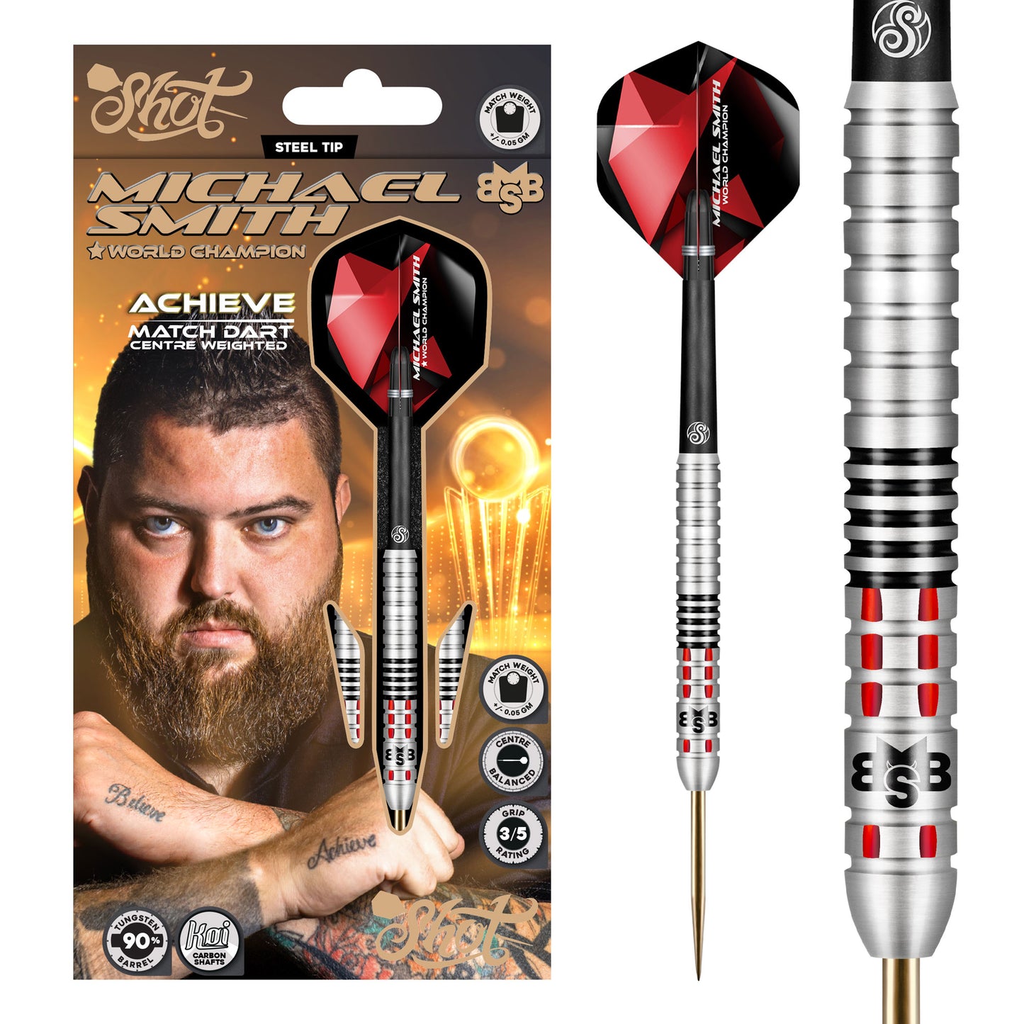 Shot Michael Smith Achieve Steel Tip Dart Set-90% Tungsten Barrels